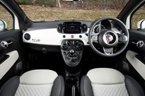 Fiat 500C (2023) review: dashboard and infotainment system, black and white upholstery