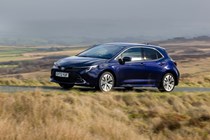 Toyota Corolla review, front side view, driving, blue, 2023-onwards facelift