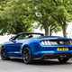 Ford Mustang convertible facelift rear, roof down, blue
