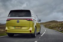VW ID. Buzz review, rear view, driving, low