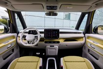 Volkswagen ID. Buzz LWB: dashboard and infotainment system, yellow and white upholstery