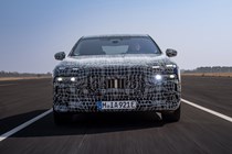 BMW i7 electric car prototype, driving, dead-on front