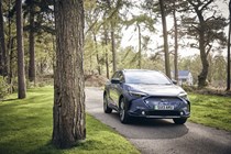 Subaru Solterra, grey, among trees static