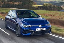 Best cheap fast cars in 2024: Volkswagen Golf R, front three quarter driving, blue paint