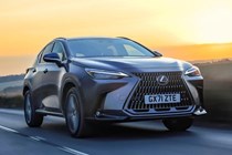 2021 Lexus NX taken on driver side front with orange sunset background