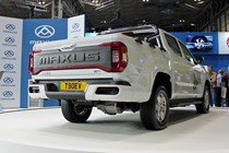 Maxus T90EV electric pickup - rear view, white, at CV Show