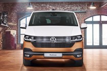 VW Transporter T6.1 with Crosswind Assist, front view, Multivan, bronze and white