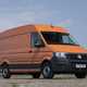 VW Crafter with Crosswind Assist, front view, orange
