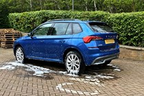 A blue Skoda being cleaned with Supernova