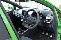 Ford Fiesta ST review, front view, 2022 facelift, interior, flat-bottom steering wheel, dashboard