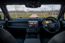 Land Rover Defender 130 V8 review: dashboard and infotainment system, black upholstery