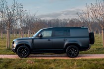 Land Rover Defender 130 V8 review: side view static, black paint