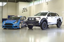 Ford Ranger M-Sport review - white, with Ford Fiesta rally car at M-Sport