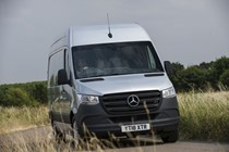 VW Crafter vs Mercedes Sprinter - Sprinter, silver, front view, driving