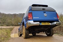 VW Amarok long-term test review - off-road, rear view, pointing downhill