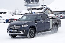Mercedes X-Class long-wheelbase prototype with extended load bed - front view, winter testing in snow