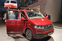 2019 VW Transporter T6.1 facelift - reveal event in Wolfsburg, front view, red