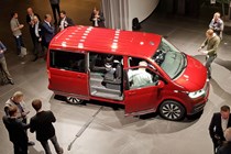 2019 VW Transporter T6.1 facelift - overhead view from Wolfsburg reveal event, red, front, side