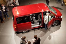 2019 VW Transporter T6.1 facelift - overhead view from Wolfsburg reveal event, red, rear, side