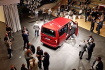 2019 VW Transporter T6.1 facelift - overhead view from Wolfsburg reveal event, red, rear, wide