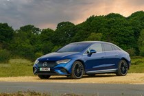 Mercedes-Benz EQE, blue, static, front three-quarters - Safest cars in the UK 2023