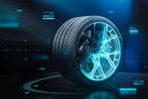 Blue graphic over alloy of wheel with futuristic look