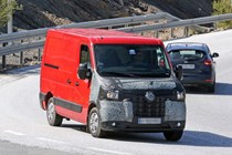 Renault Master, Nissan NV400, Vauxhall Movano 2019 facelift spy shot - front view, turning corner, red