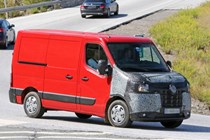 Renault Master, Nissan NV400, Vauxhall Movano 2019 facelift spy shot - side view, driving round corner, red