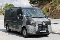 Renault Master, Nissan NV400, Vauxhall Movano 2019 facelift spy shot - front view, close up, showing disguised cab interior, grey