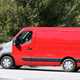 Renault Master, Nissan NV400, Vauxhall Movano 2019 facelift spy shot - side view, red, showing sliding door, driving