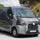 Renault Master, Nissan NV400, Vauxhall Movano 2019 facelift spy shot - front view, close up, showing disguised cab interior, grey