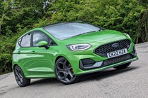Best small hot hatchbacks (2024): Ford Fiesta ST, front three quarter static, green paint