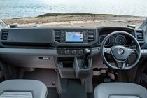 VW Grand California camper review - 2019 UK 600 model, dashboard, steering wheel and infotainment, right-hand drive