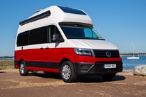 VW Grand California camper review - 2019 UK 600 model, front view, red and white
