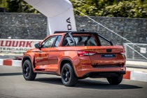Skoda Mountiaq pickup truck review - rear view, driving round karting track