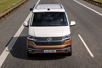 VW California T6.1 campervan - 2019, 2020, dead-on front view, driving