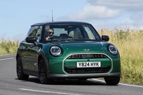 MINI Cooper S front three quarter cornering, green paint, British country road