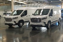 LDV Maxus Deliver 9 - front view of two vans, white, in factory in China, 2020