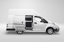 Nissan e-NV200 Bevan Group Voltia high-volume conversion, side view with sliding door open, white, 2020