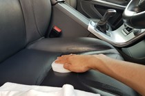 Aaron Hussain testing the ValetPRO leather protector on a Volvo seat