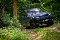 How to drive off-road: Range Rover Sport, cornering through a wood, showing rear-wheel steering, low angle, blue paint