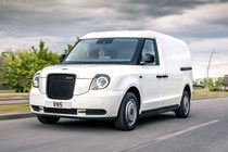 LEVC VN5 electric van - front view, white, driving, 2020