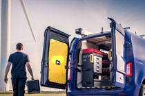 LEVC VN5 electric van - rear view, blue, racking, wind turbine technician, 2020