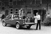 VW Caddy 1 - pickup being loaded, black and white