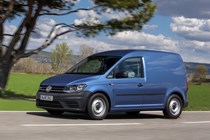 VW Caddy 4 - blue, front view, driving
