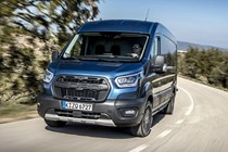 Ford Transit Trail - front view, blue, driving on road, 2020