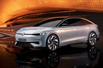 VW electric cars - ID. Aero concept, front view, white, orange background