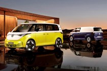 VW electric cars - ID. Buzz (yellow and white) and ID. Buzz Cargo (blue and white)