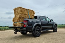 Ford Ranger Raptor long-term test review, 2021, rear view with straw bales