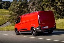 Ford Transit Custom Trail review, 2020, red, rear view, driving